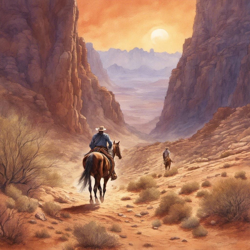 A seasoned cowboy leading his horse through a vast desert ca...