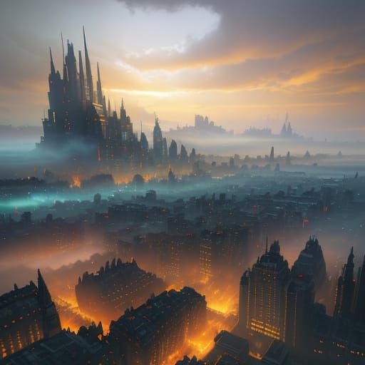 Vibrant Cityscape Beast Emerge from Fog