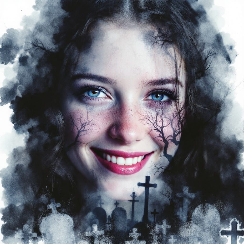 Double Exposure Portrait in Spooky Watercolor Style