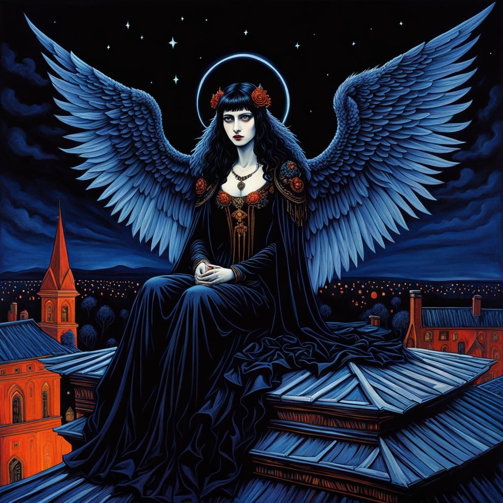 Gothic Emo Vampire Witch on Rooftop, Psychedelic Art