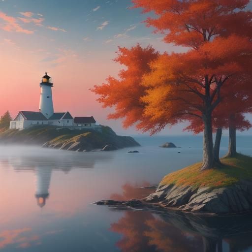 Maine Lighthouse at Autumn Sunrise in Anime Style
