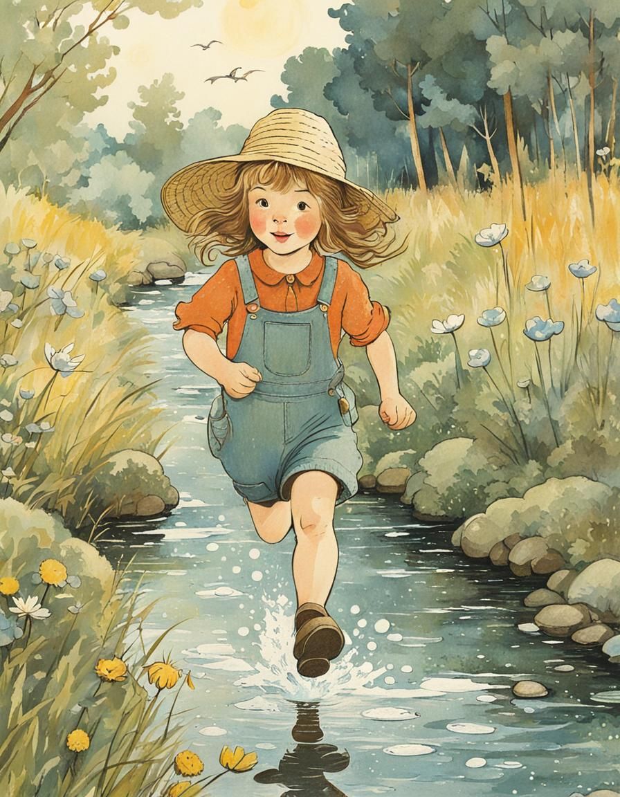Whimsical Girl Running by Stream Illustration