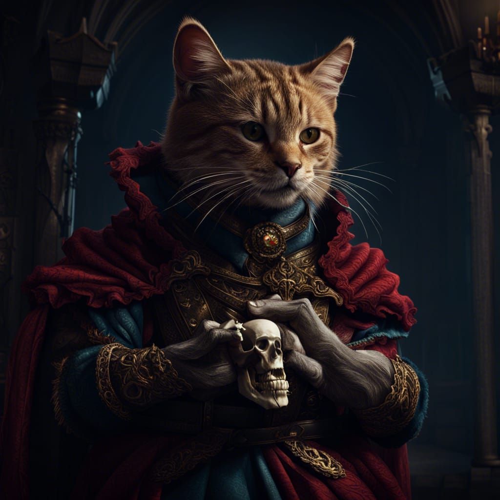 Macbeth Cat Contemplates Skull: Detailed Matte Painting