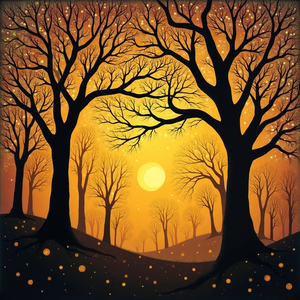 Golden Trees Silhouetted in Art Nouveau Style