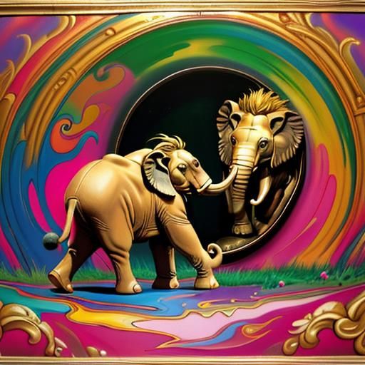 Elephant and Lion Playing Soccer in Surreal Style