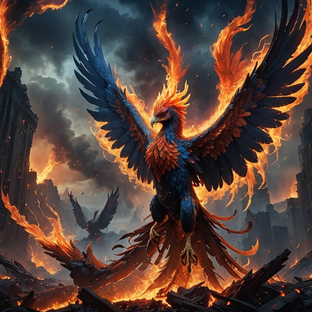 Giant Red Phoenix Rising in Mystical Landscape