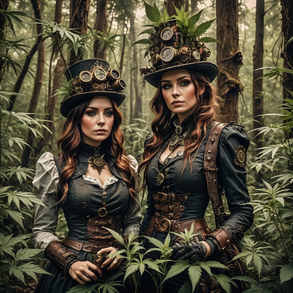 Steampunk Girls in Marijuana Forest, Hyperrealistic Style