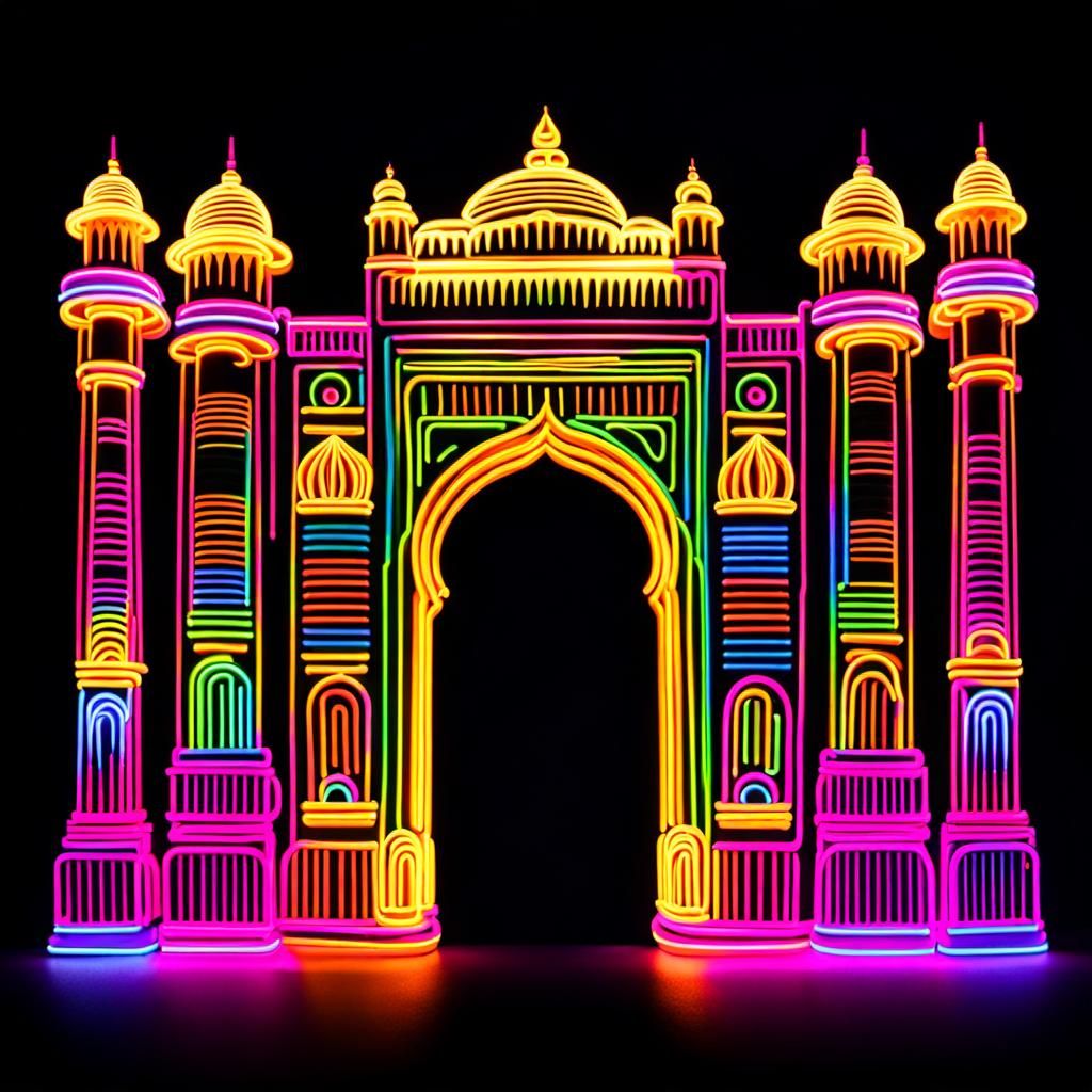 a front view of Kolkata Gate, detailed neon tube art on a black background"