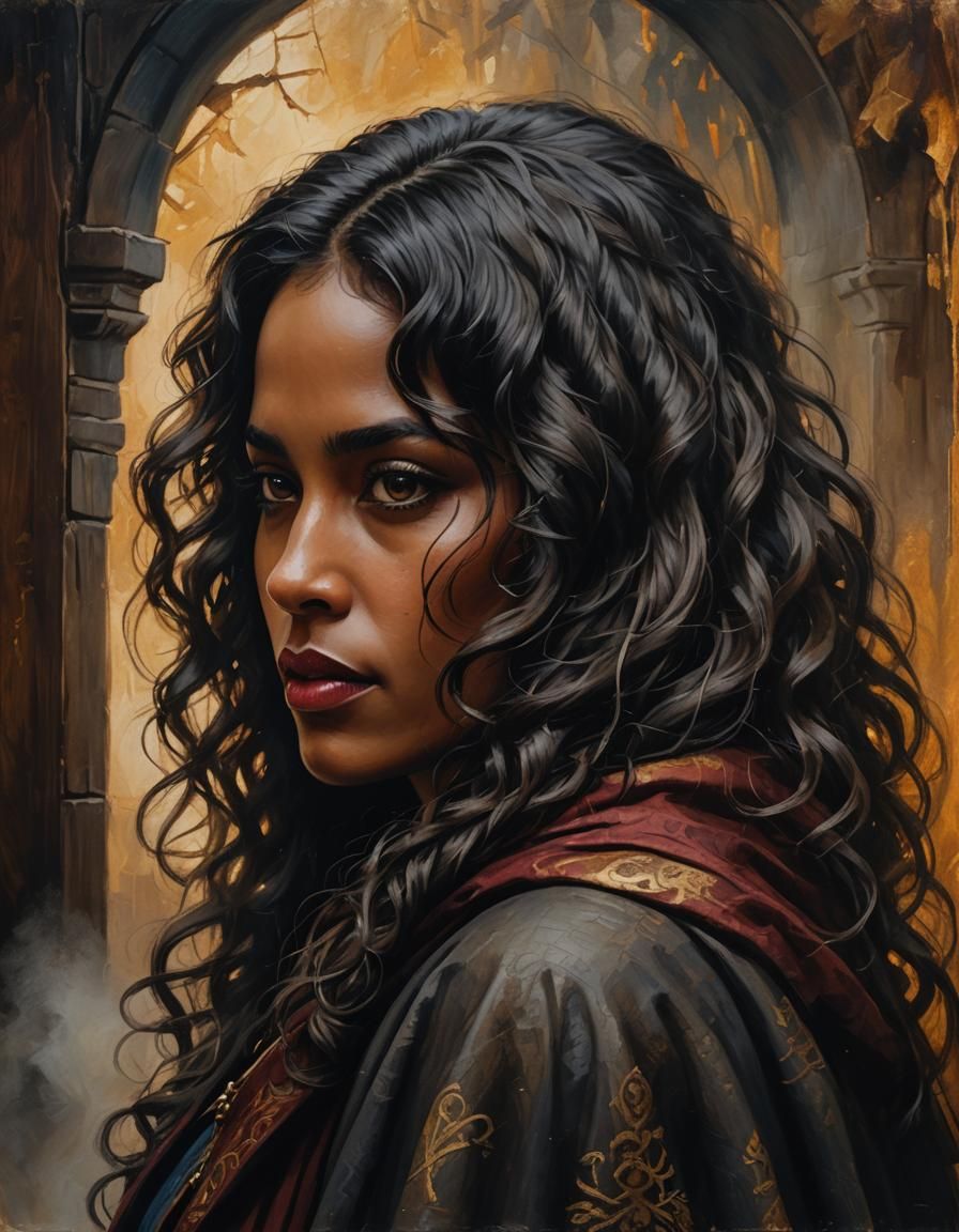 Hispanic Woman in Winter Cloak as Oil Painting