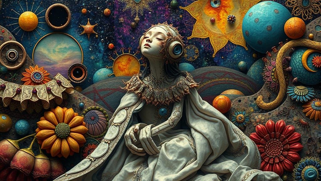 Surreal Folkloric Robot in Dreamlike Cosmic Landscape