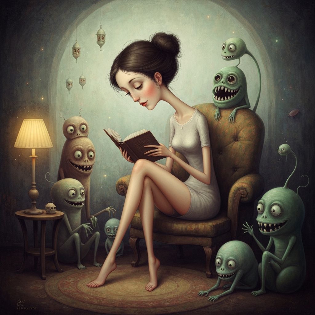 Surreal Woman Reads Among Whimsical Creatures
