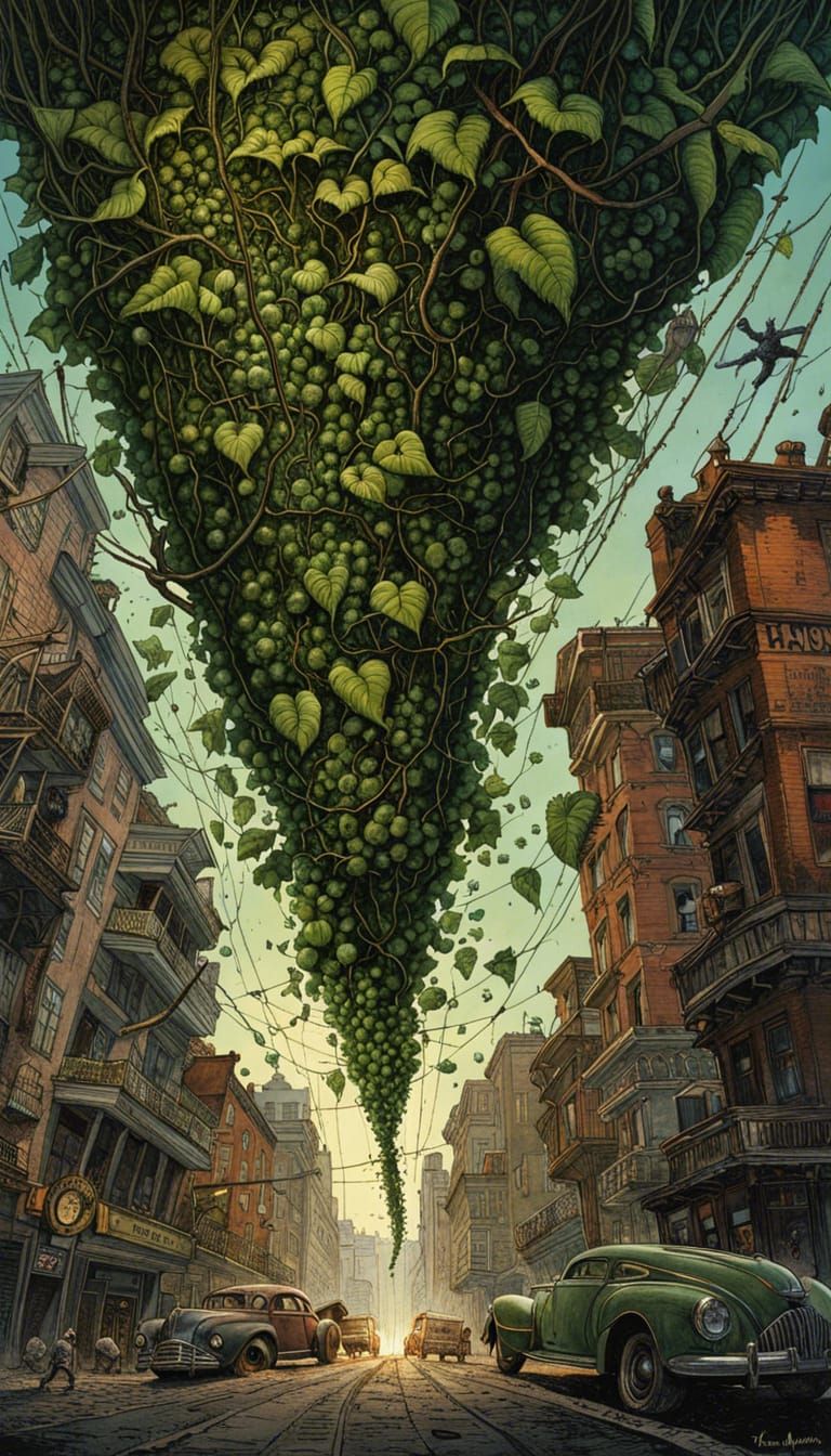 Giant Poison Ivy Destroys City: Pen and Ink Illustration