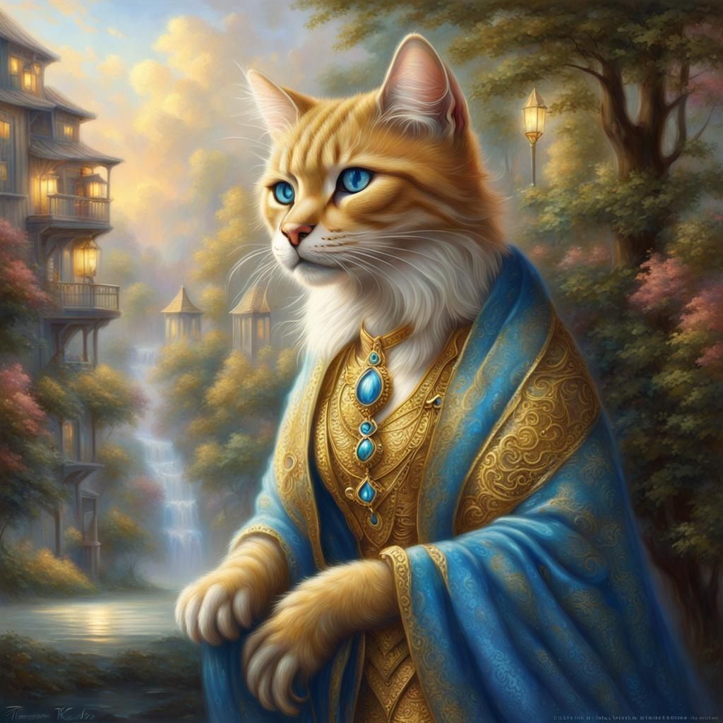 Golden Tabaxi Lady with Blue Eyes in Ethereal Style