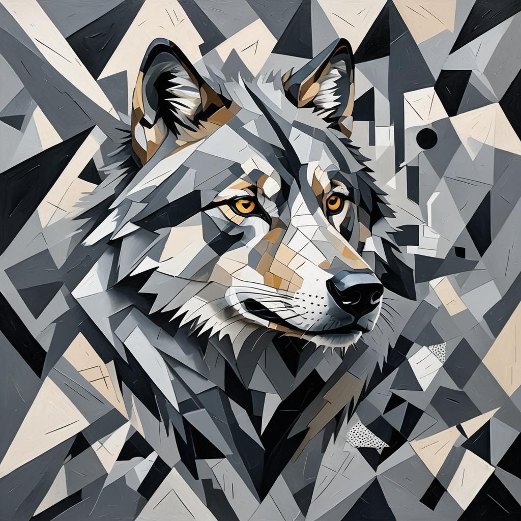 Geometric Wolf in Cubist Abstract Oil Painting