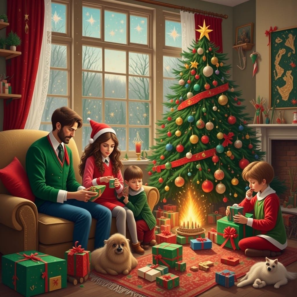 Whimsical Christmas Scene with a Family Around a Tree