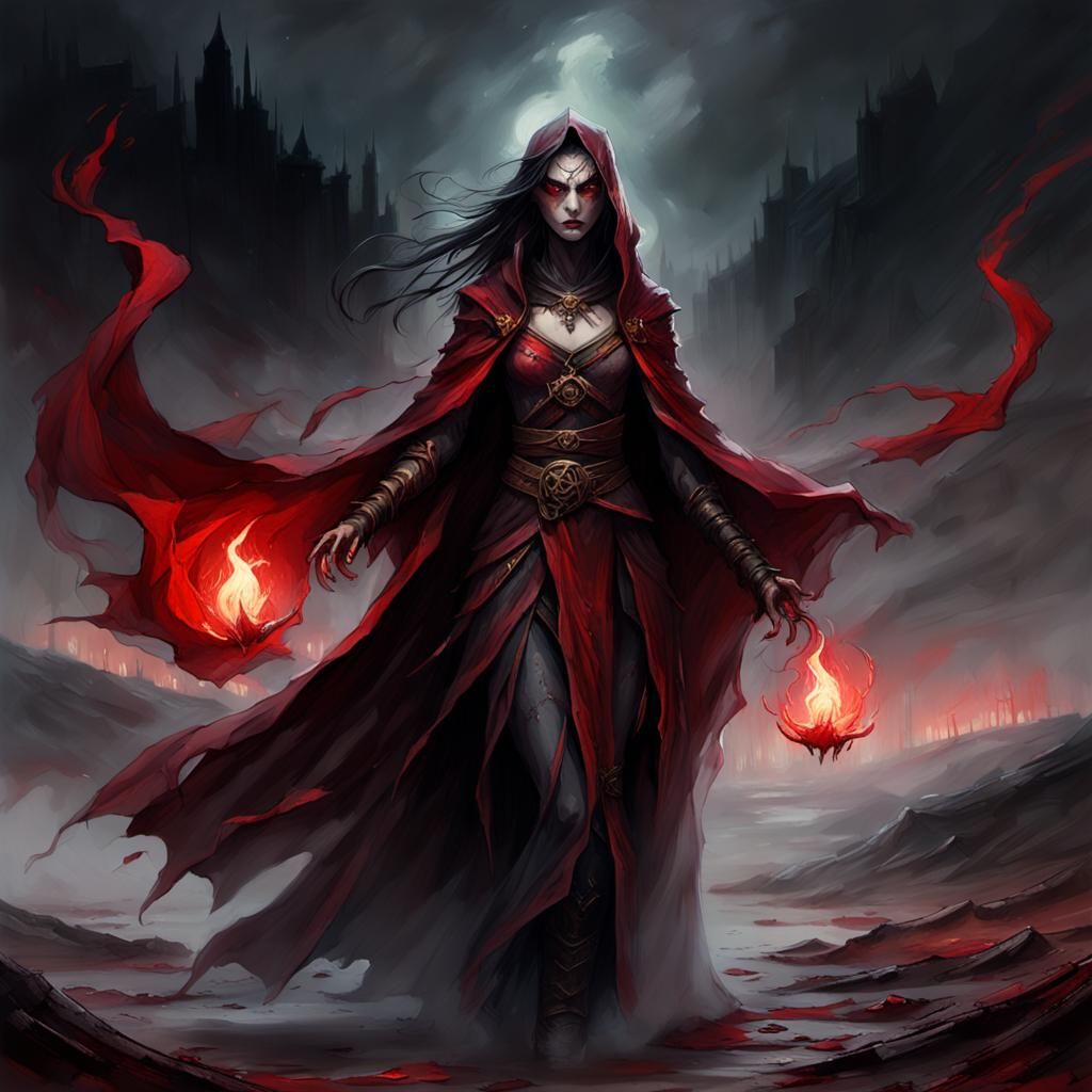 Blood Sorceress in Desolate Land: Oil Painting