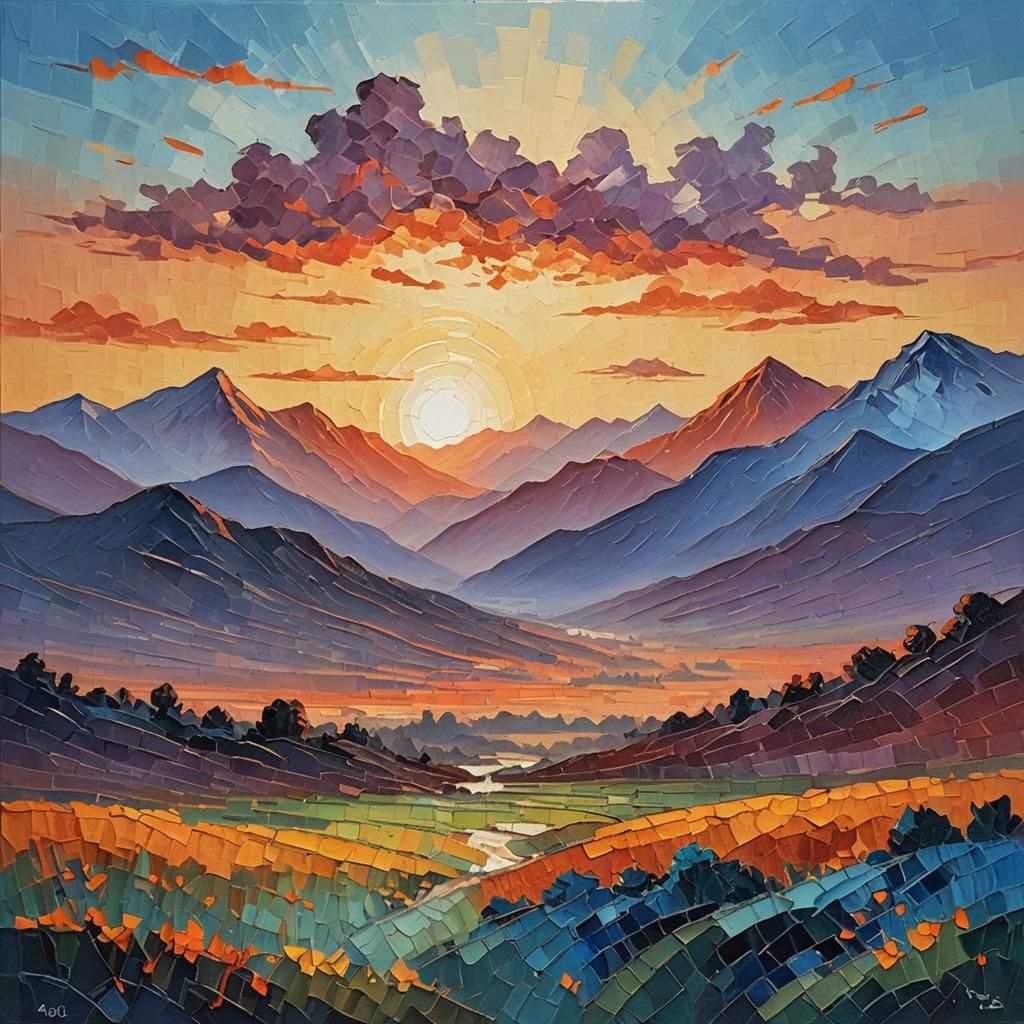 Ombre Sunset Mountains in Expressionist Style