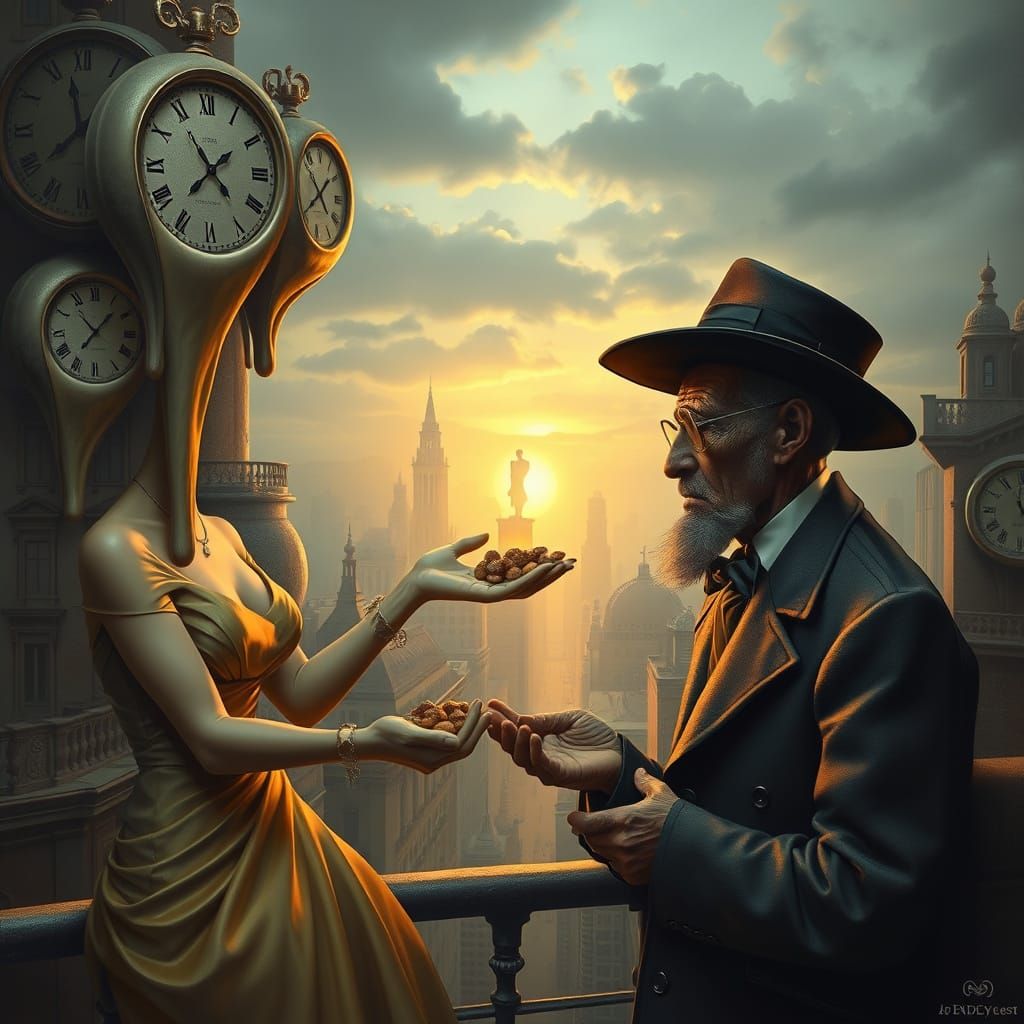 Elegant Woman Aids Homeless Man in Surreal Dreamscape