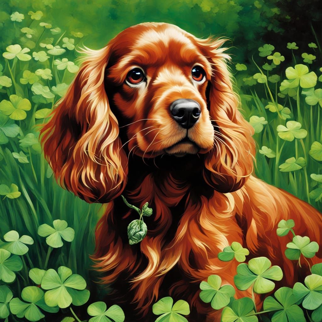 Vibrant Cocker Spaniel Surrounded by Four-Leafed Clovers in ...