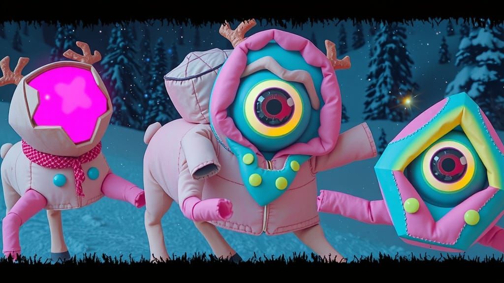 cyclops reindeer in pastel puffer jacket