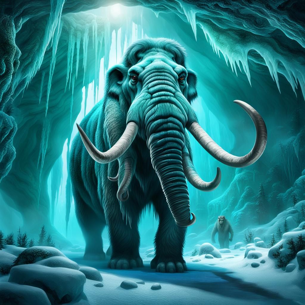 Woolly Mammoth Dragon in Misty Cave: Fantasy Art