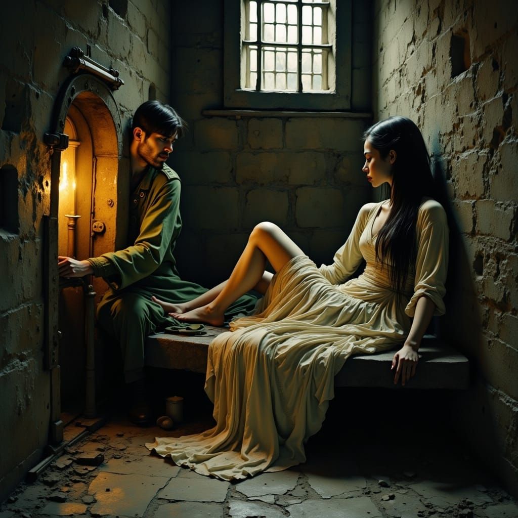 Eerie Prison Cell Scene with Ancient Secrets