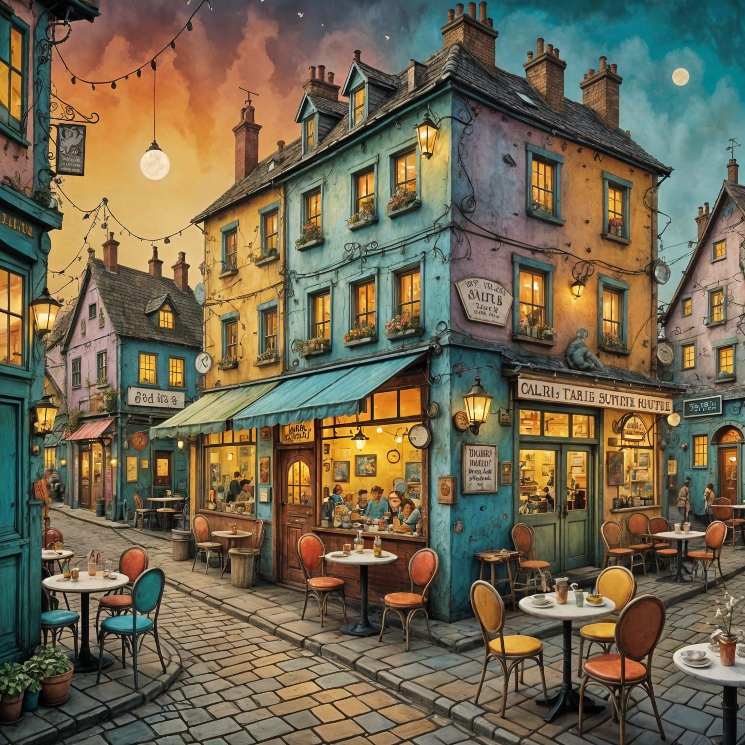 Whimsical Village Cafe in Vibrant Retro Colors