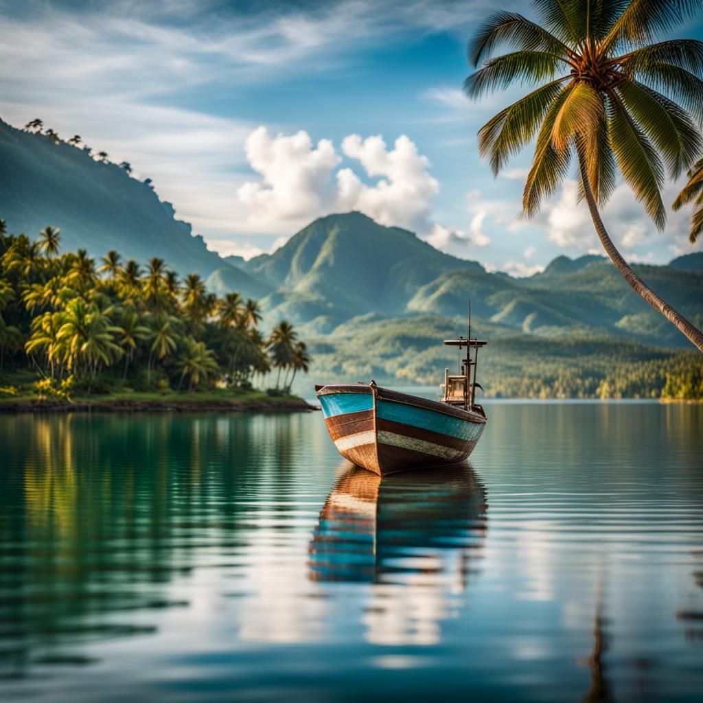 Picturesque Lake Landscape with Fishing Boat