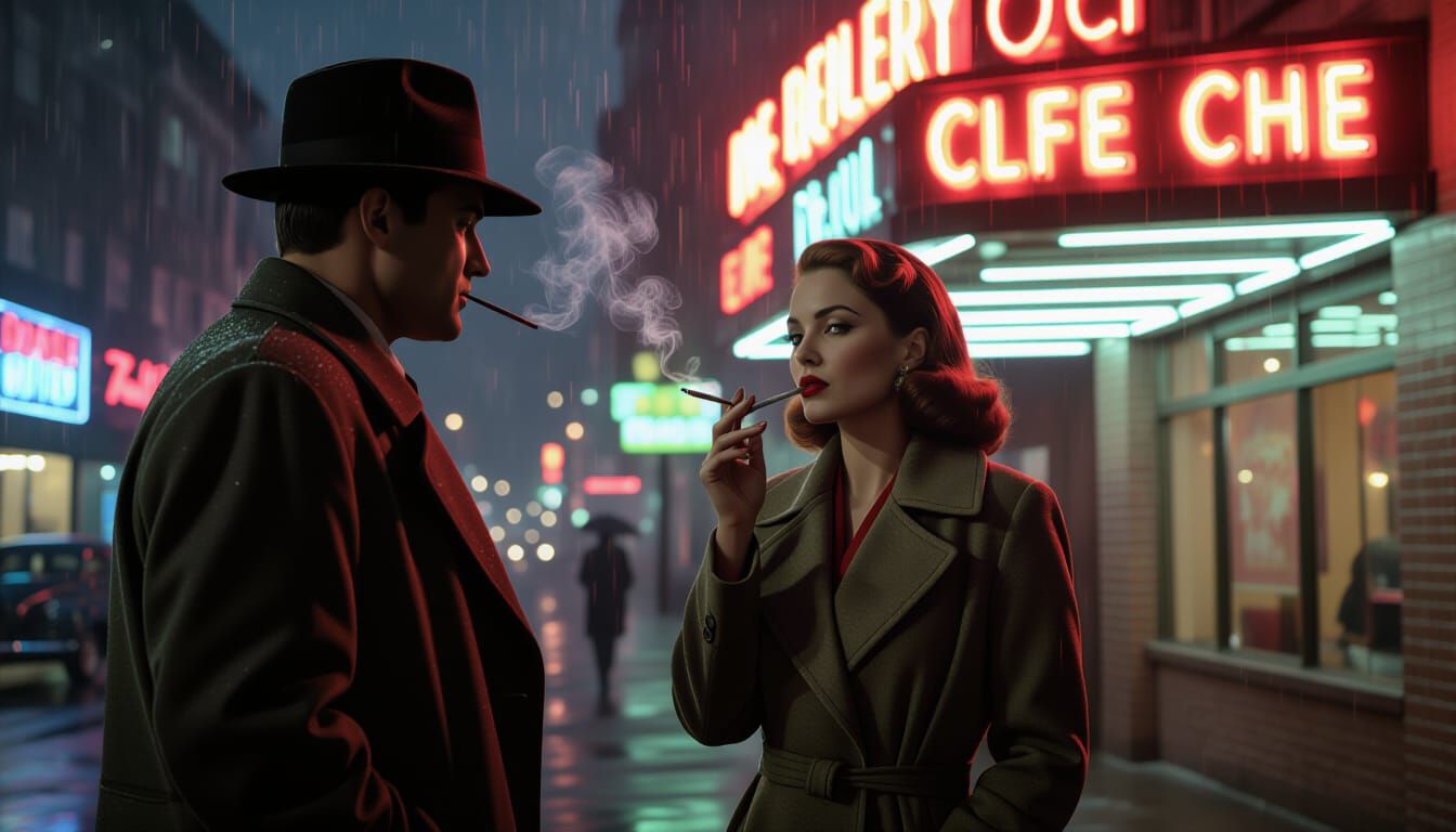Film Noir Detective Observes Woman in Rainy City