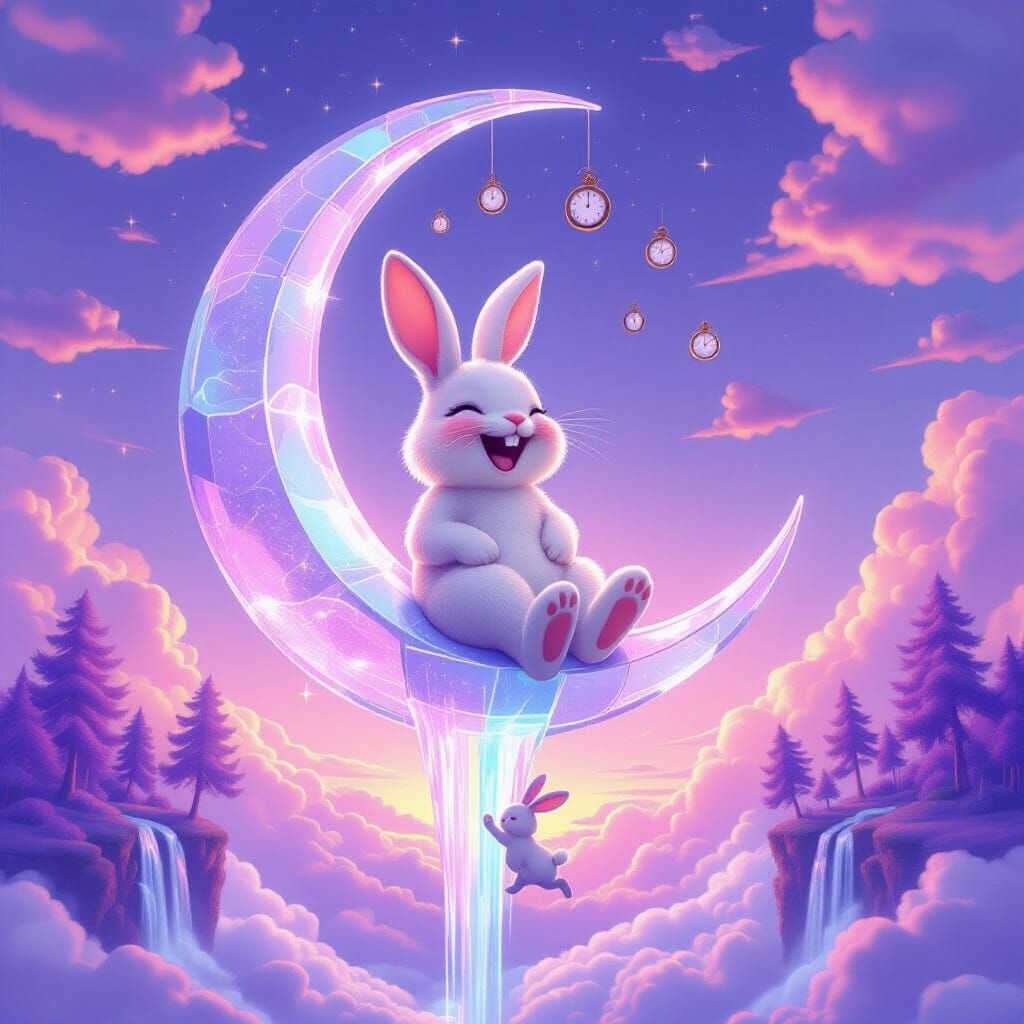 Surreal Bunny on Glass Moon in Lavender Sky