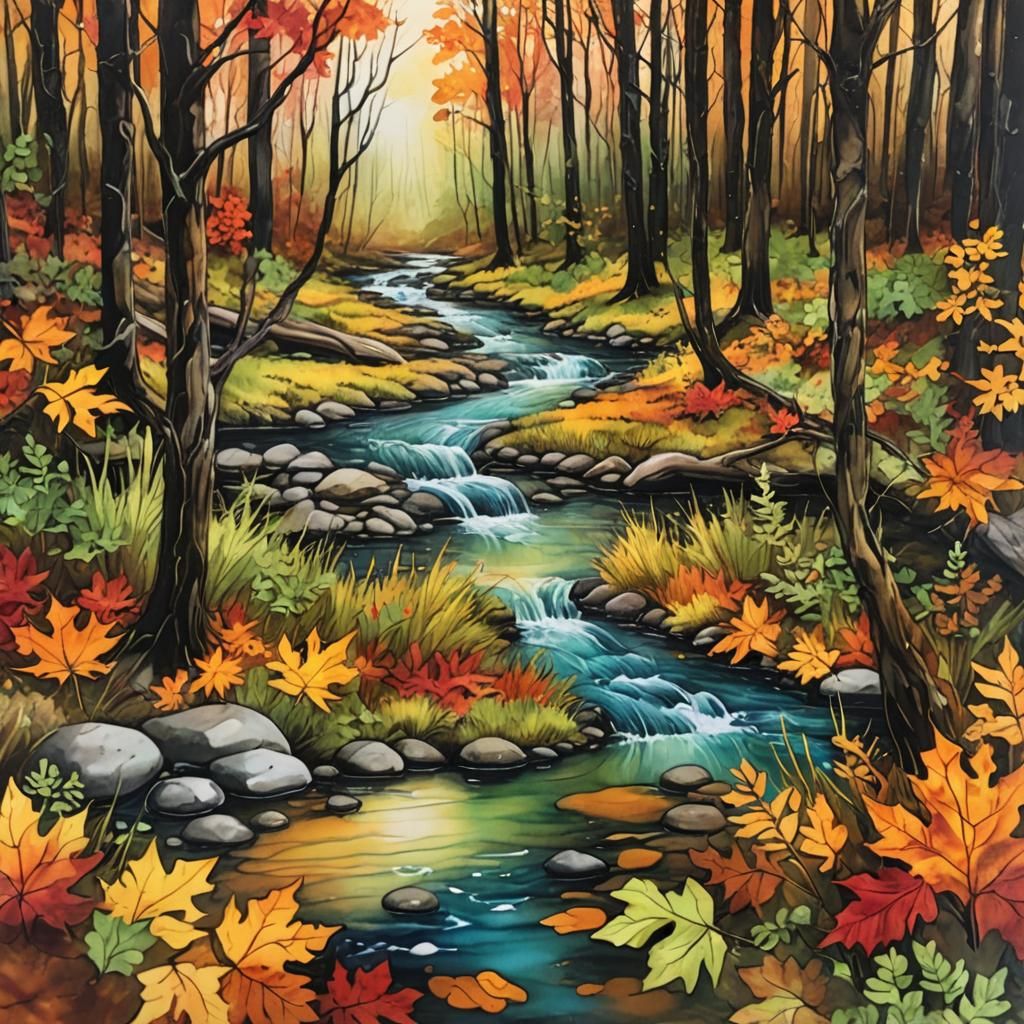 Autumn Creek Scene in Alcohol Ink Style