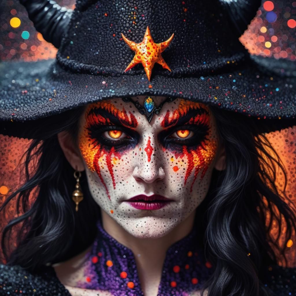 Pointillist Demon Witch Portrait in Vibrant Colors