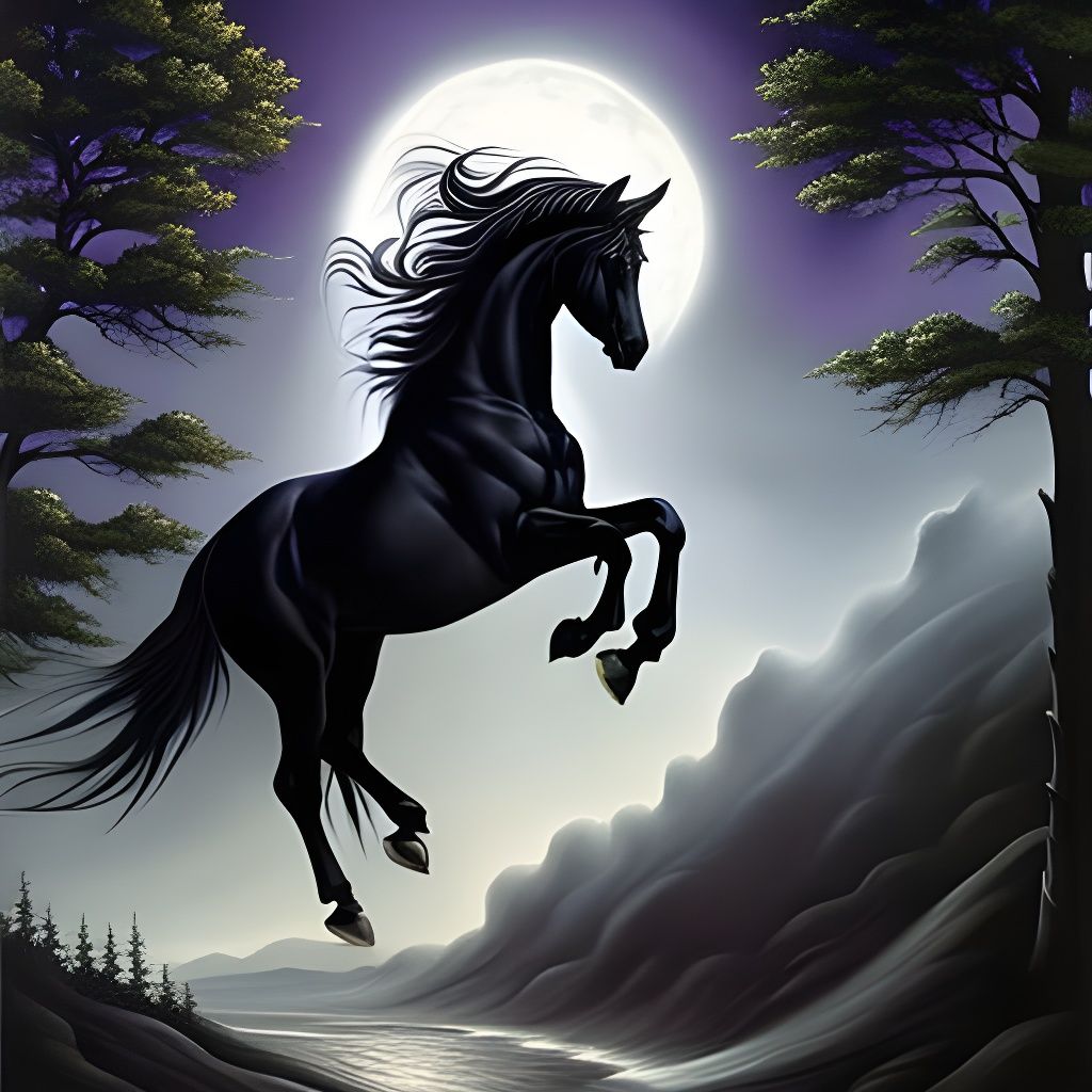 Black Horse in Moonlit Night: A Dark Fantasy Masterpiece