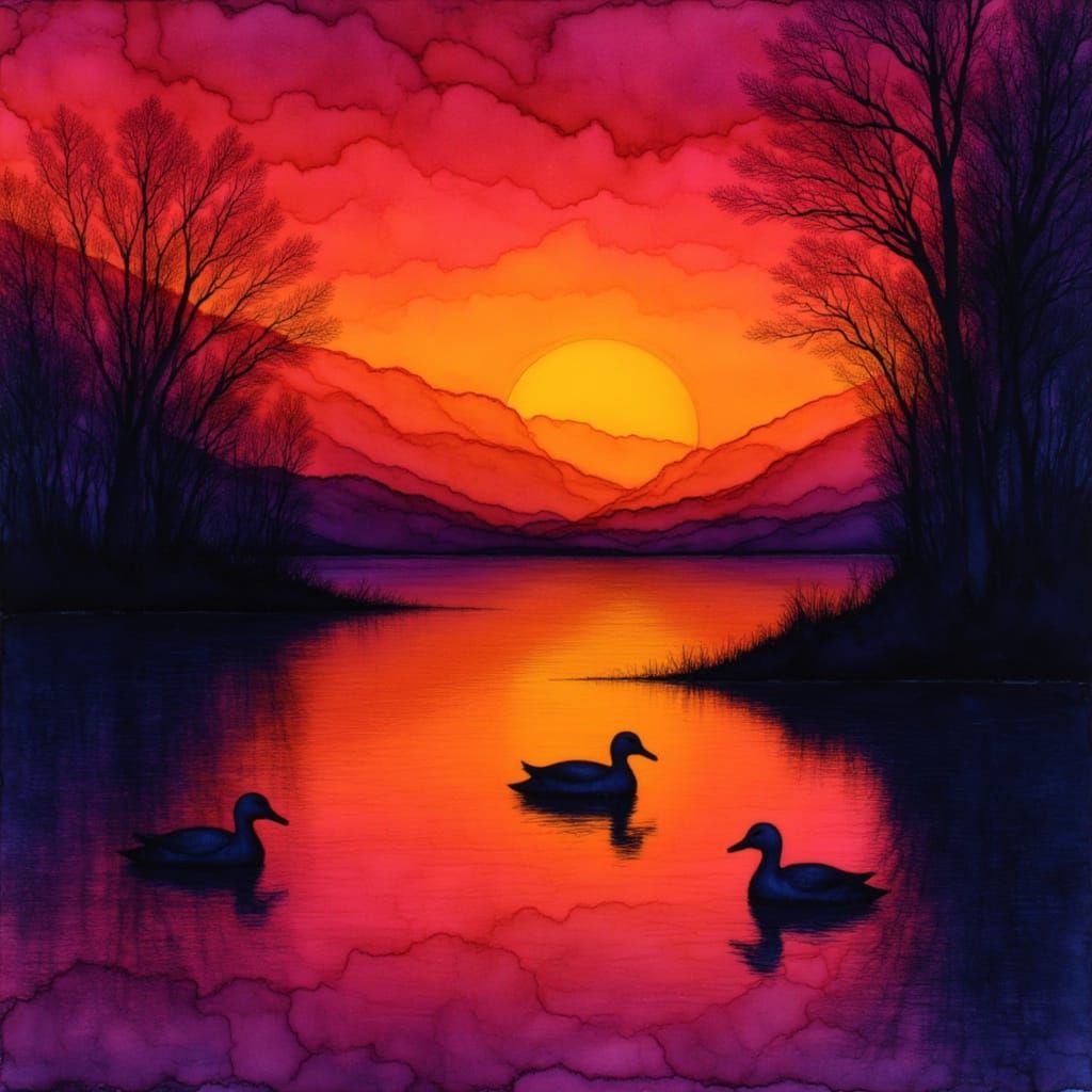 Ducks Silhouetted on Lake Reflecting Sunset in Alcohol Ink S...
