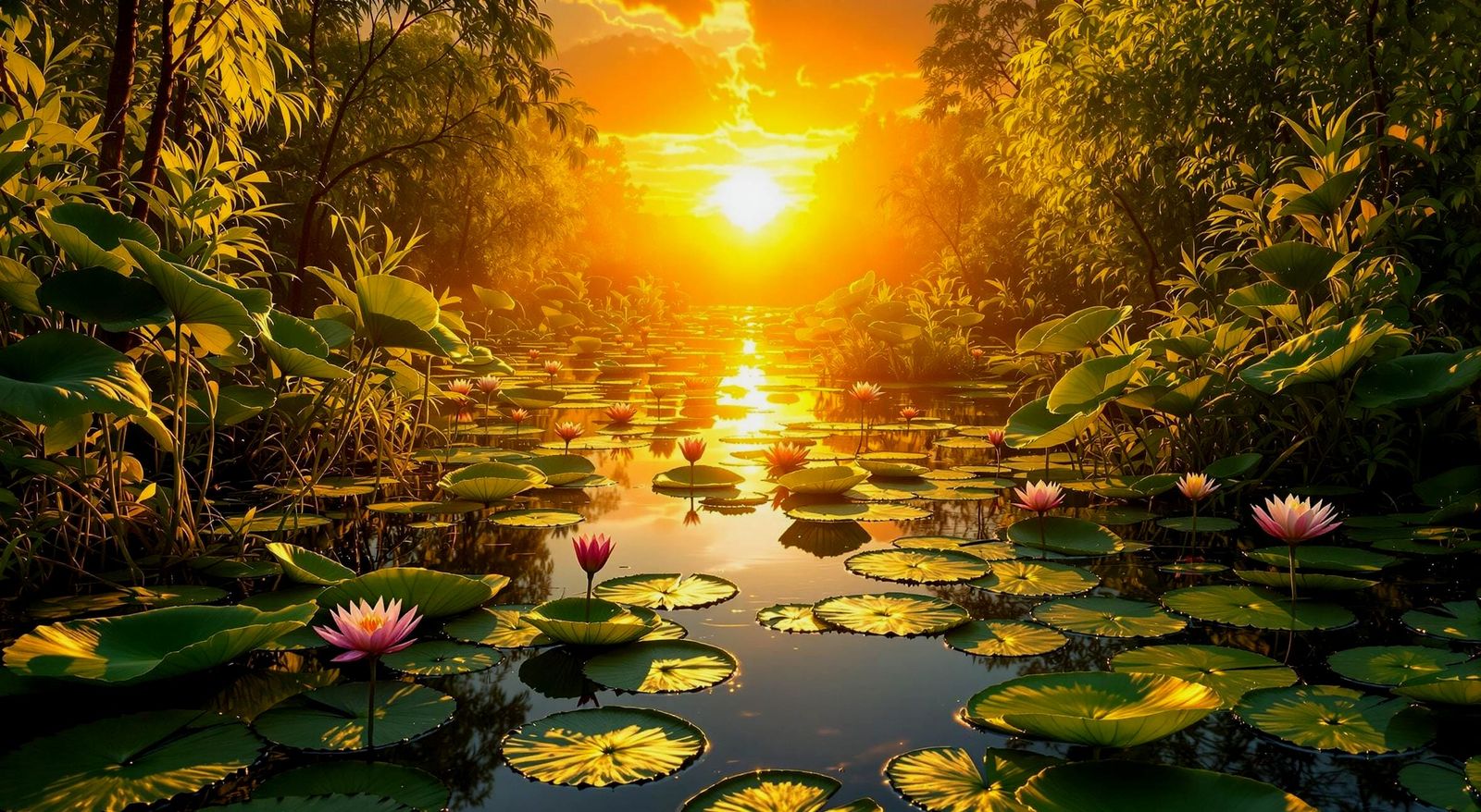 Lush Swamp Sunset with Hyperdetailed Lily Pads