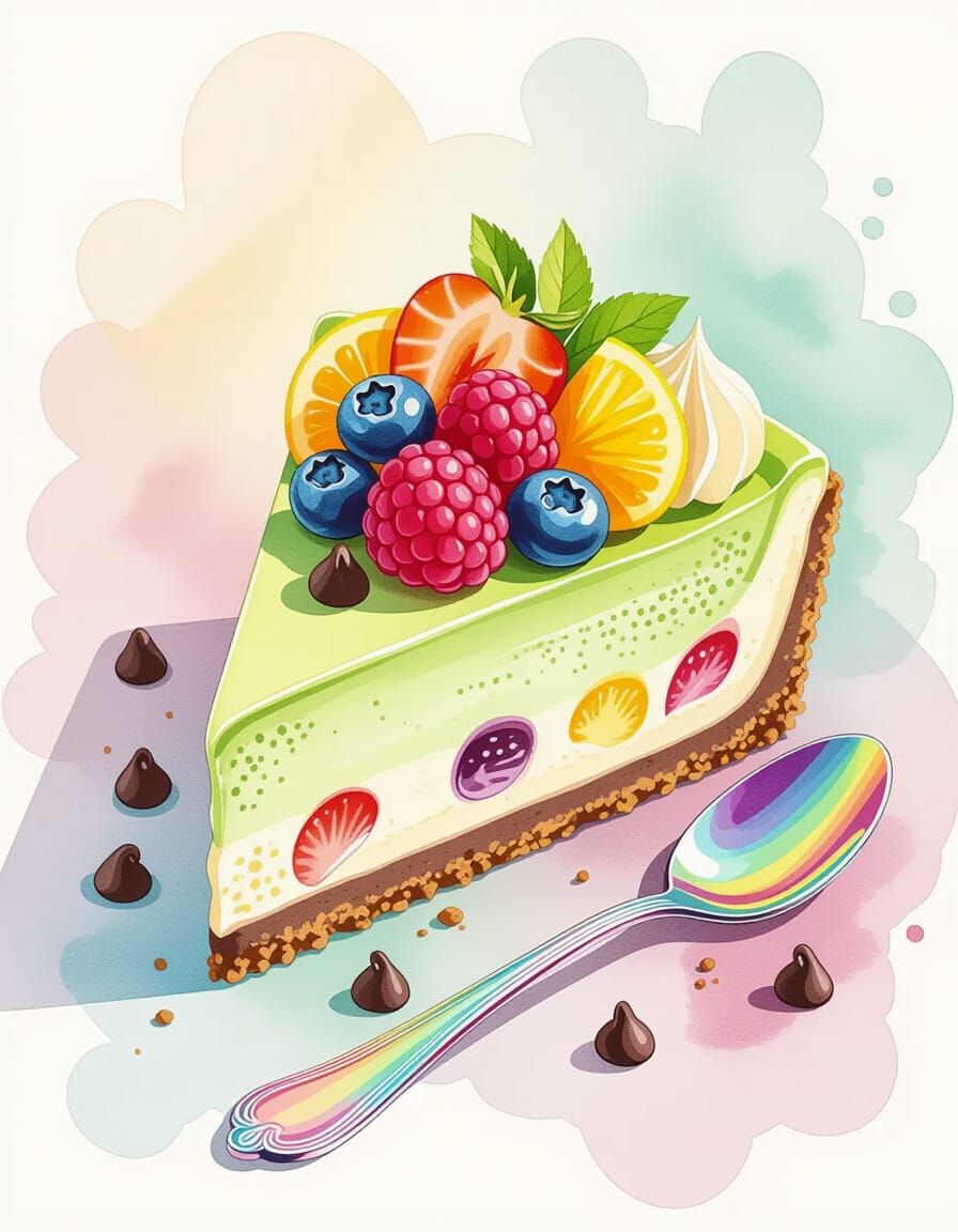 Matcha Cheesecake Slice in Watercolor Splash Art