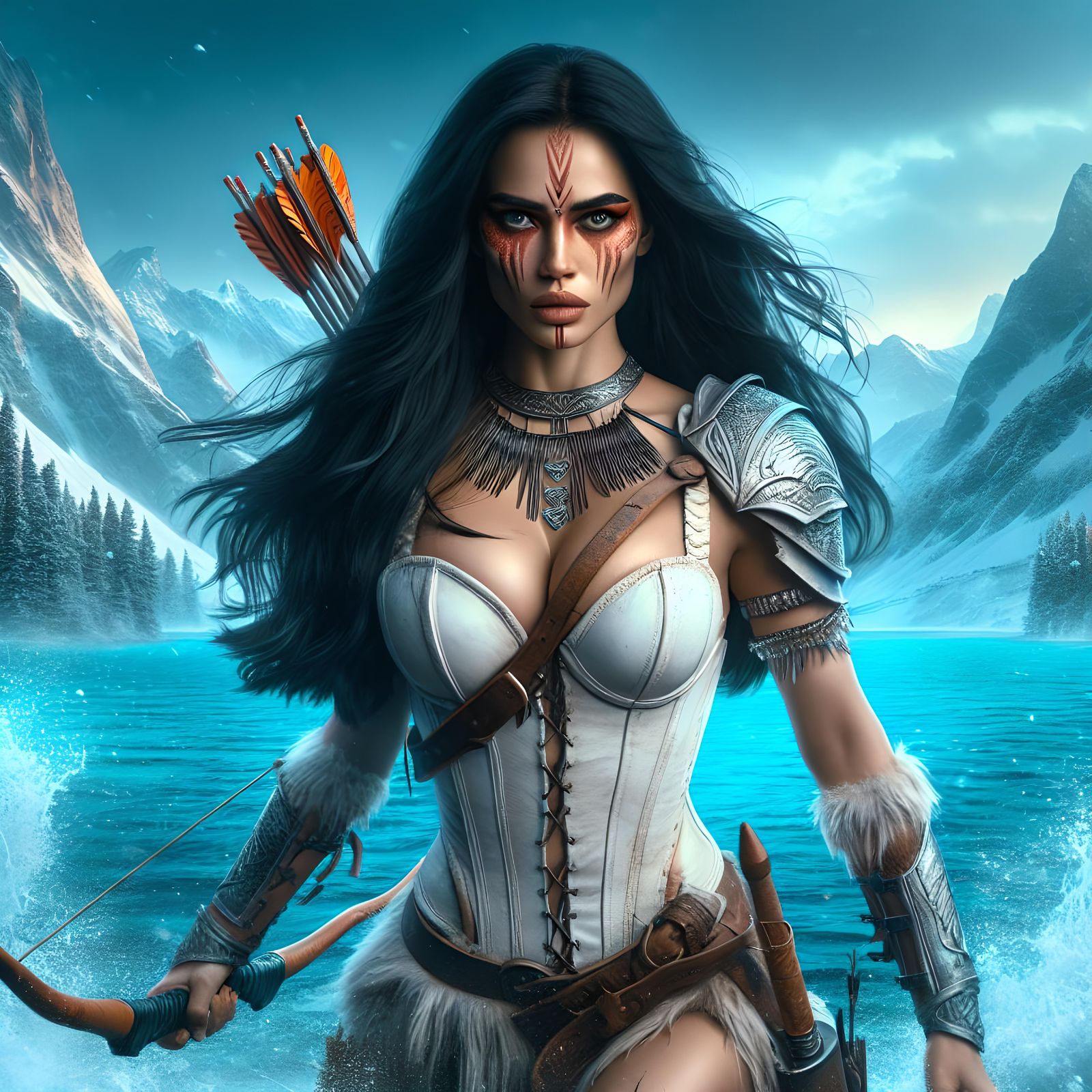 Female Amazon warrior,  long black hair, war paint on her fa...
