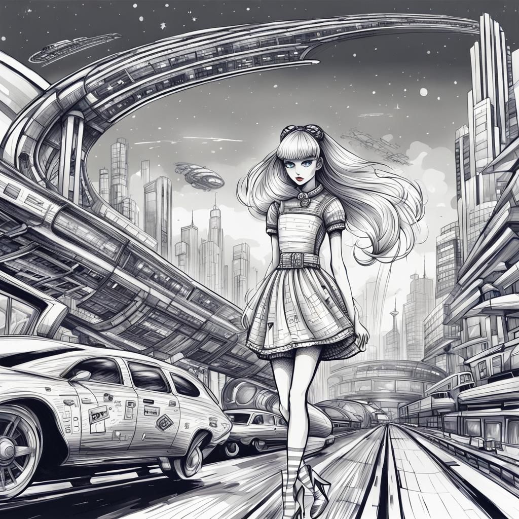 Sci-Fi Woman in City, Ballpoint Pen Doodle