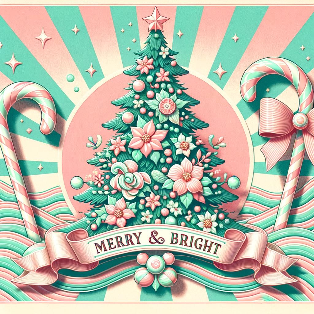 Pastel Christmas Tree with Floral Ornaments and Candy Waves