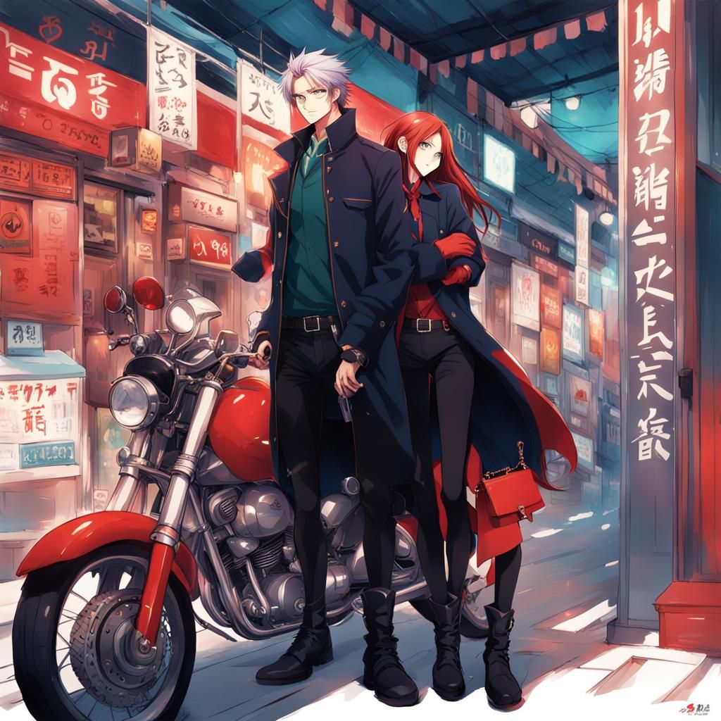 Anime Style Couple with Motorcycle