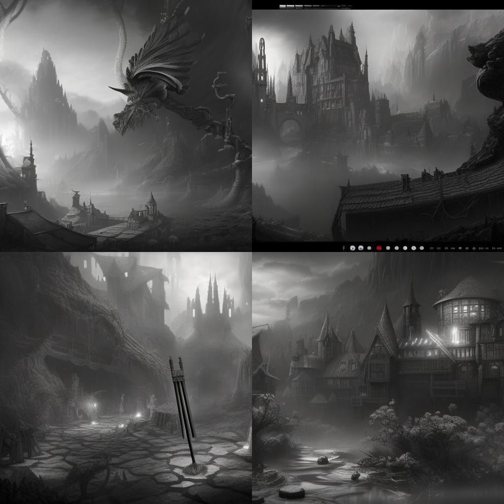 Fantastical Magic Broom in Black and White