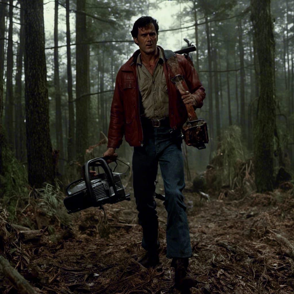 Evil Dead (1981) Screen Capture: Ash with Chainsaw