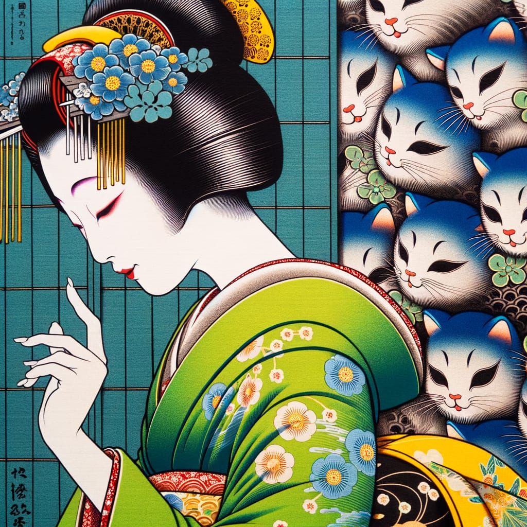 Geisha with Cats in Ukiyo-e Style