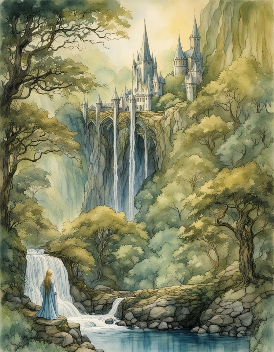 Galadriel Overlooks Rivendell in Alcohol Ink Style