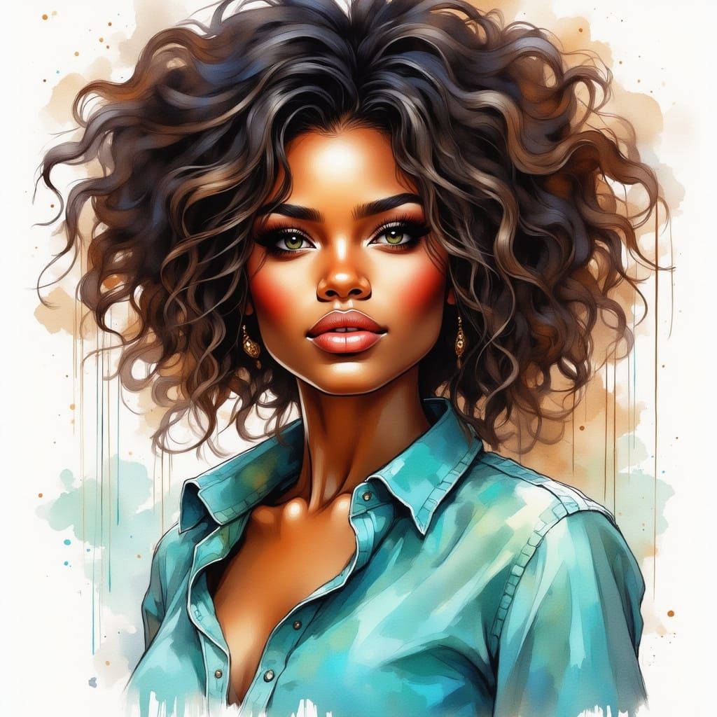 Impressionistic Watercolor Portrait of a Beautiful African A...