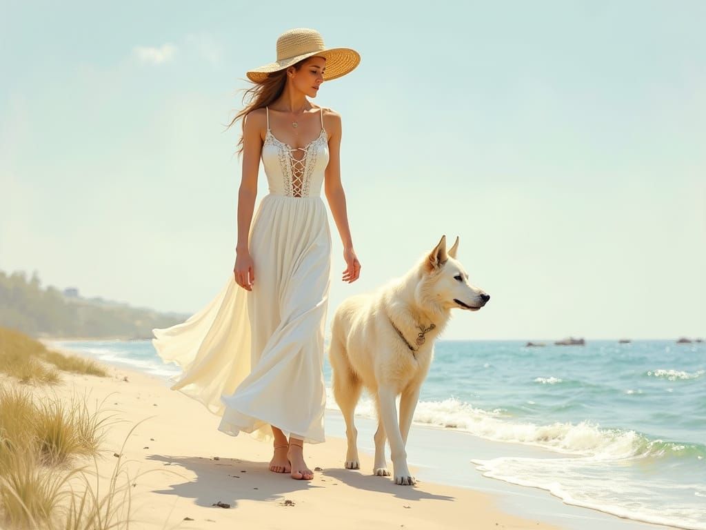 Woman and Dog on Beach in Impressionist Style