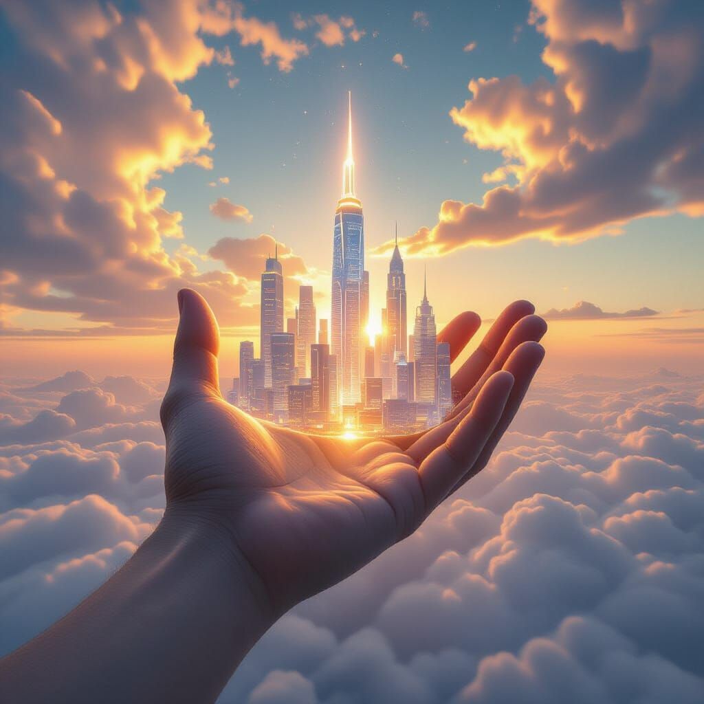 Surreal Hand Holds Glowing Futuristic City