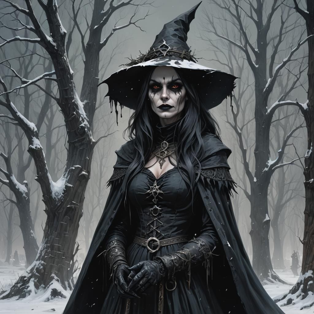 Sinister Gothic Winter Witch in Dark Fantasy Style