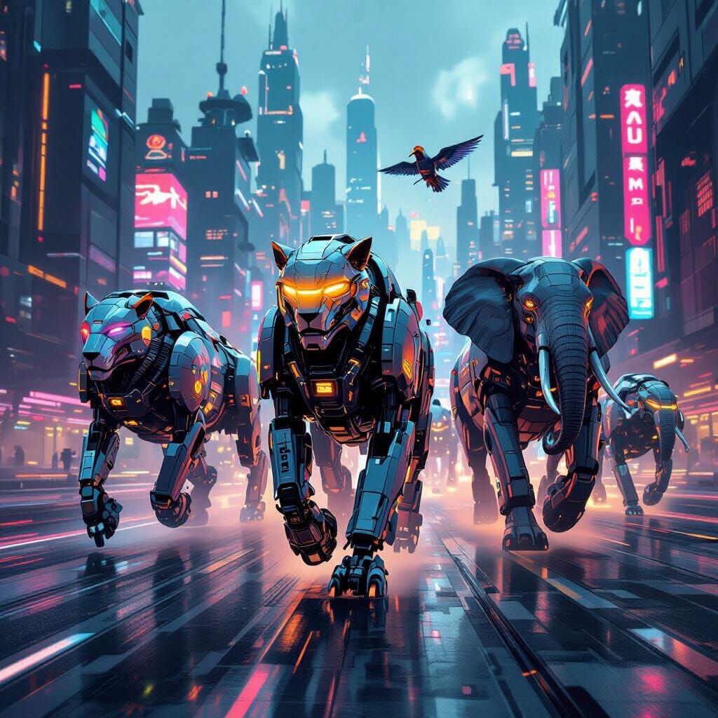 Robot Animal Army in Futuristic Cityscape