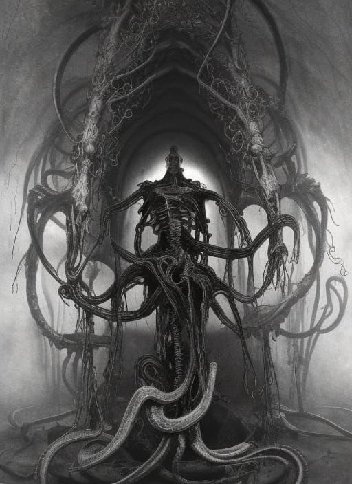 Decomposing Cybernetic Body in Gritty Crypt, Charcoal Drawin...